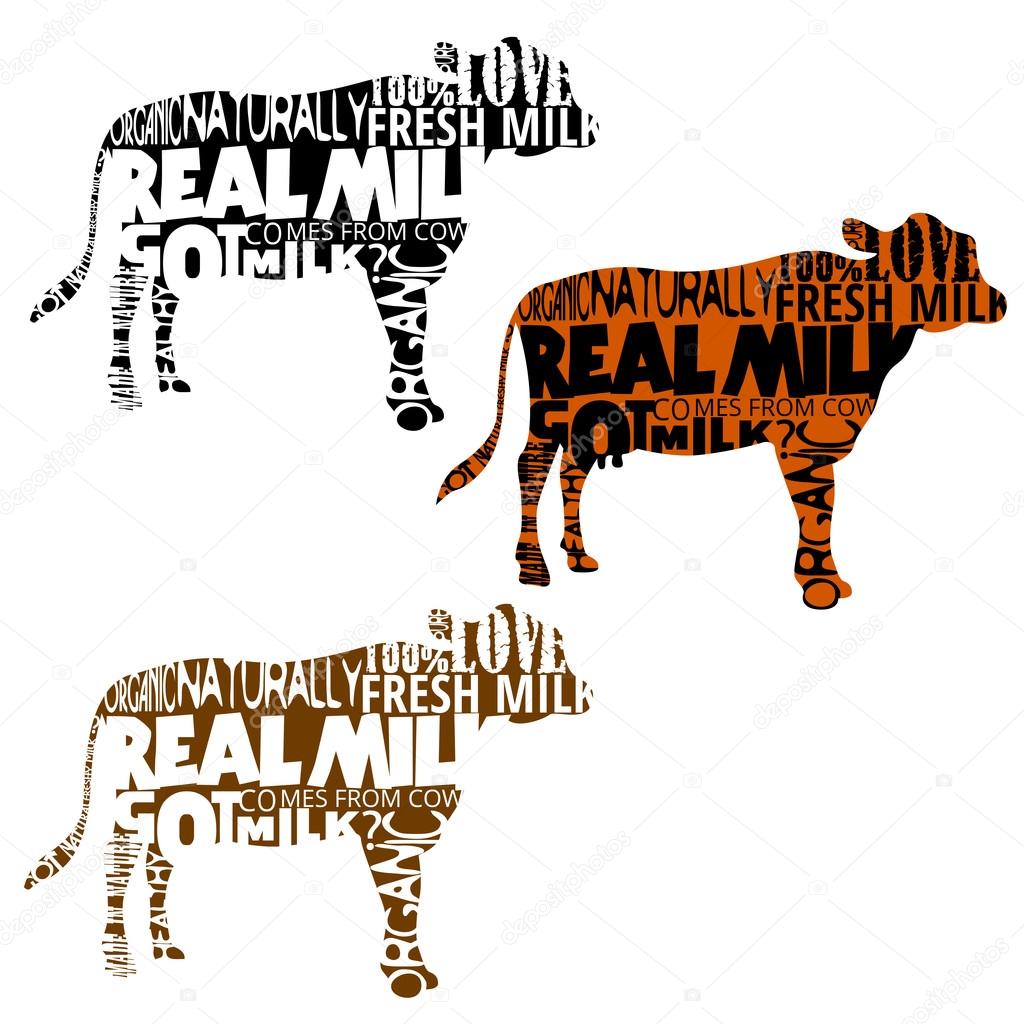 Set of cow silhouettes with words in shape