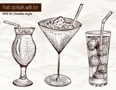 Alkolik ve meyve kokteylleri çizilmiş kümesi el