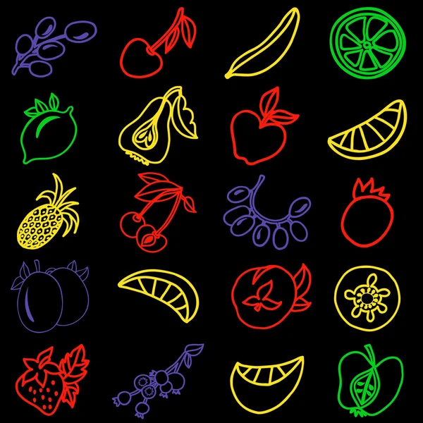 Colección de neón dibujado a mano de frutas de dibujos animados — Vector de stock