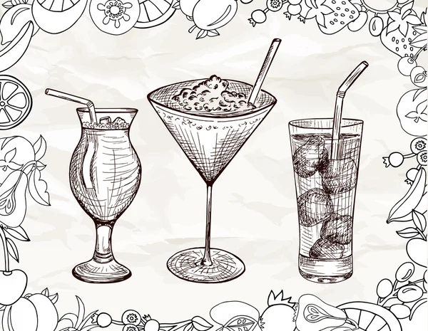 Set di cocktail disegnati a mano con frutti dei cartoni animati — Vettoriale Stock