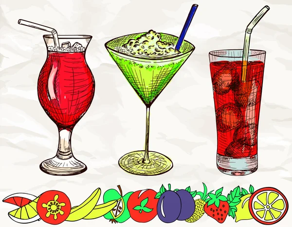 Handgezeichnete farbige Cocktails mit Cartoon-Früchten — Stockvektor