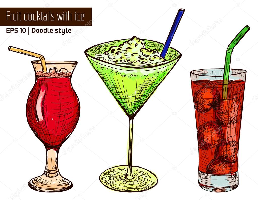 Hand drawn colored set of alcoholic or fruit cocktails
