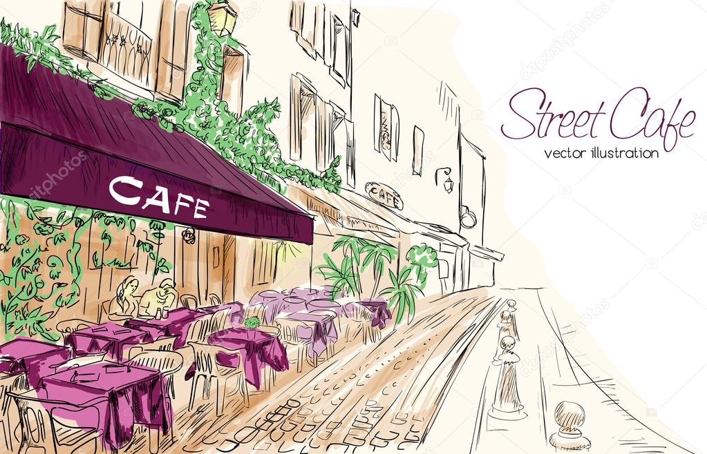 Colorful vector illustration of street cafe in purple colors