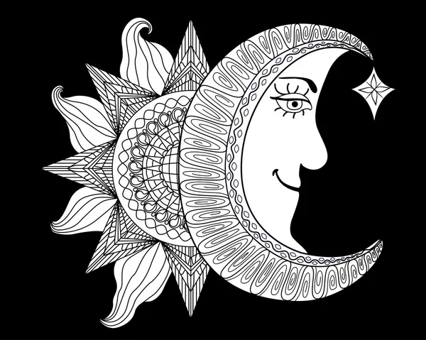 Dibujos animados ilustración de un sol, luna con rostro humano — Vector de stock