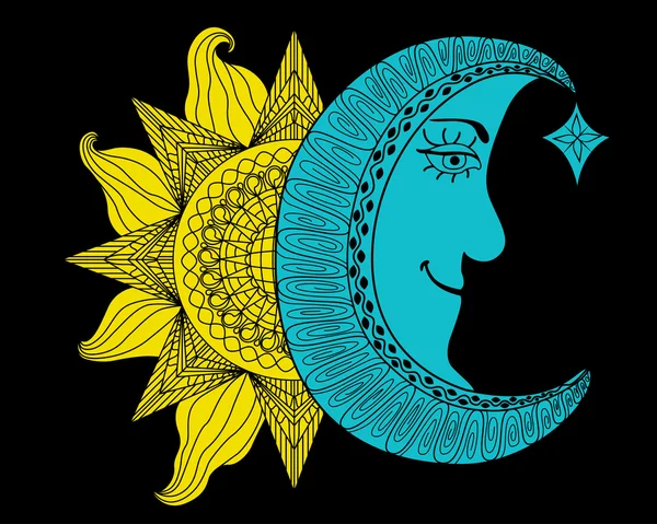 Ilustración de dibujos animados de sol amarillo brillante y luna azul — Vector de stock