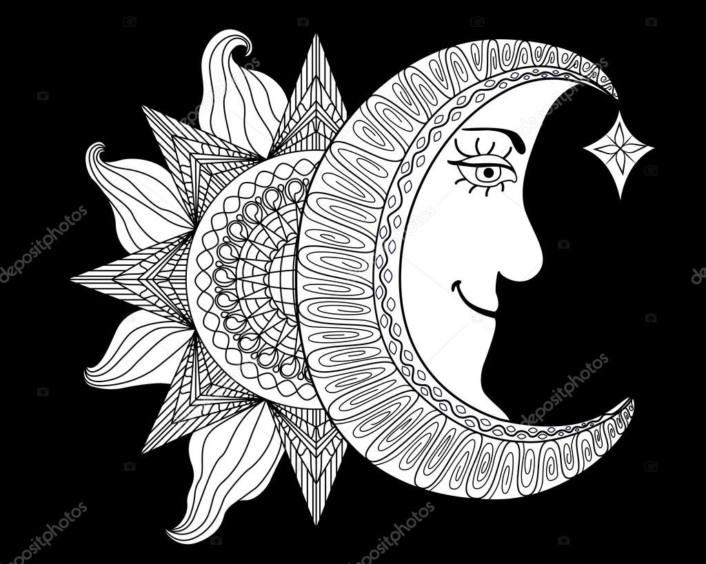 Cartoon illustration of a sun, moon with human face
