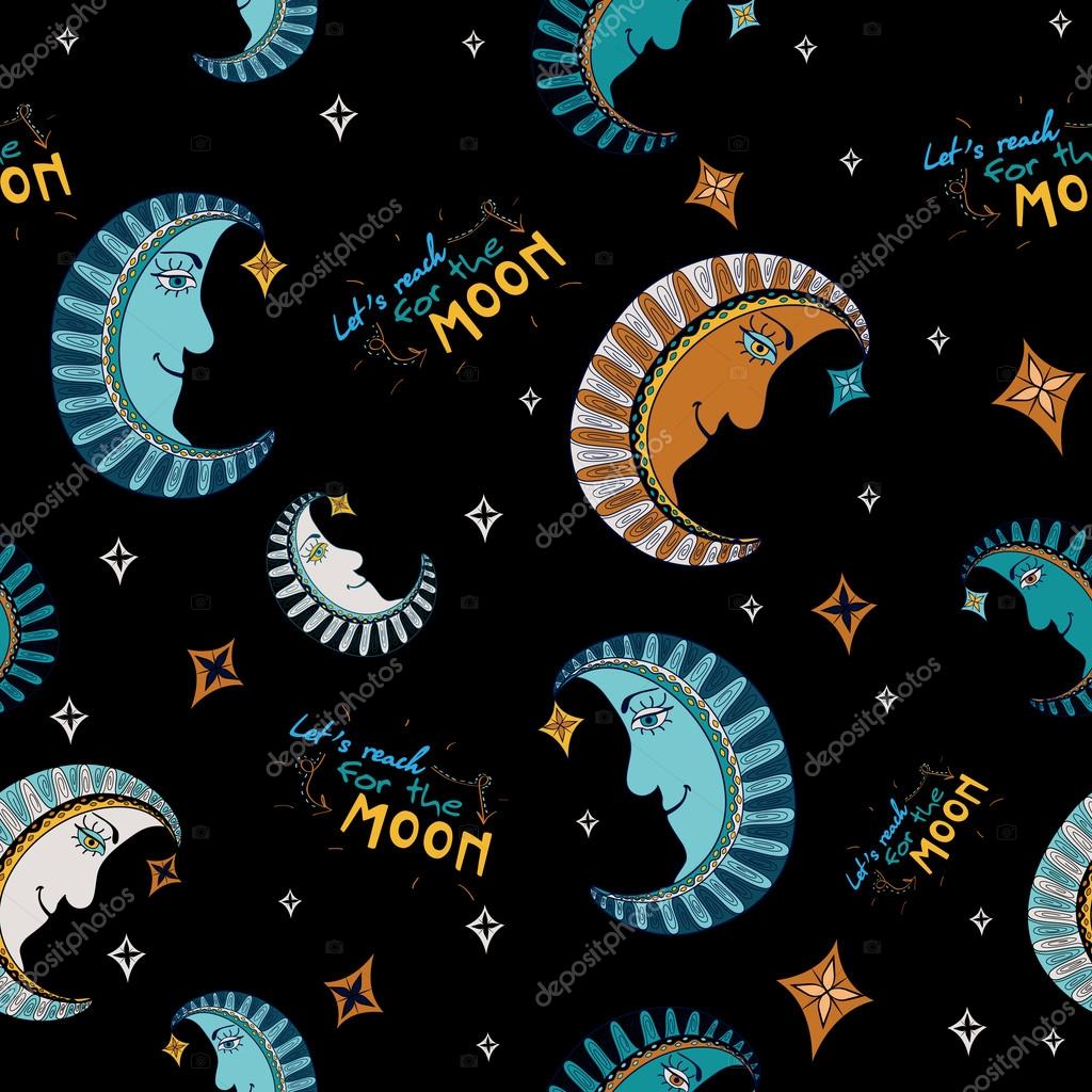 月と星とカラフルな美しい漫画のシームレス パターン ストックベクター C Cherryka25
