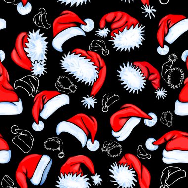 Kırmızı ve kontur Noel Baba şapkaları ile renkli seamless modeli
