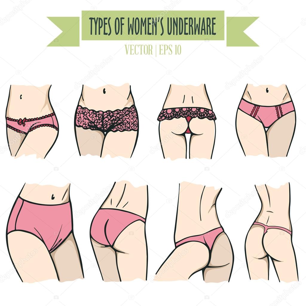 Hand drawn types of women's underwear for light skin Stock Vector