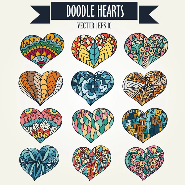 Σύνολο των δώδεκα πολύχρωμο doodle καρδιές σε στολίδι σιλουέτα στιλ — Διανυσματικό Αρχείο