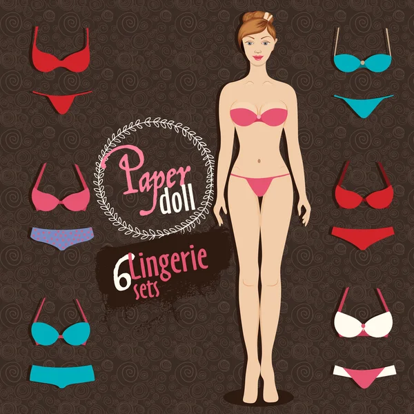 Beautiful dress up paper doll and lingerie sets — Stock Vector