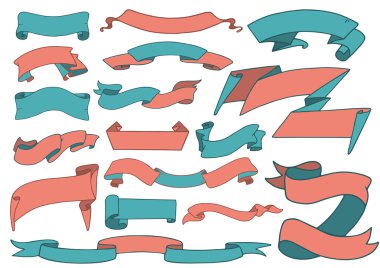 Set of blue and red ribbon banners on white