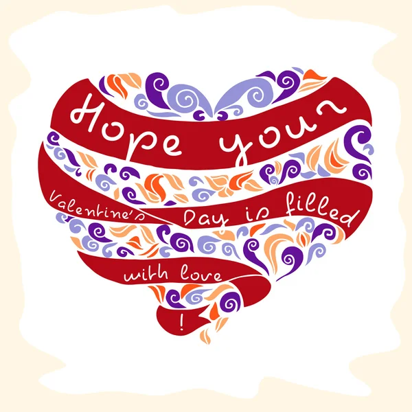 Colorful Valentine Heart and doodle ornament with ribbon, love phrase — ストックベクタ