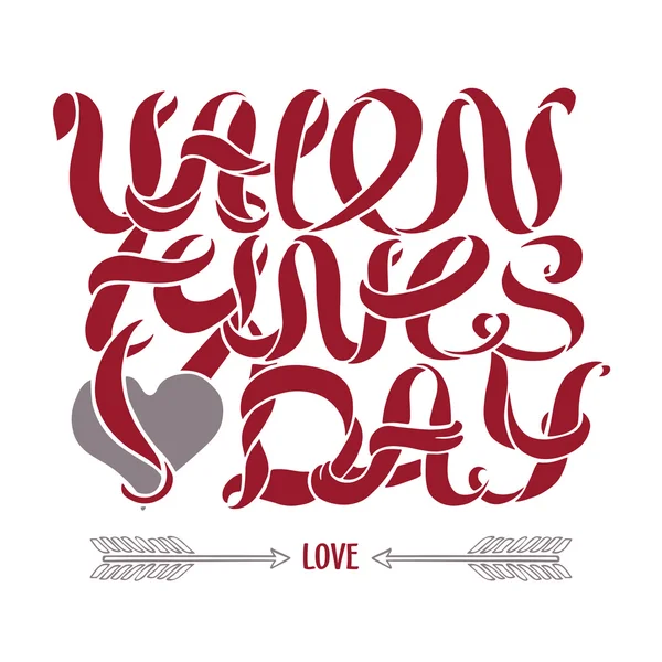 Red Valentines day stylish doodle ribbon lettering with gray heart — ストックベクタ