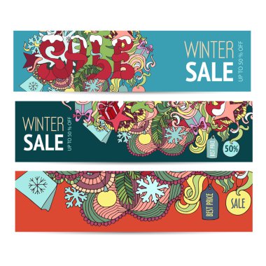 Cartoon colorful vector Doodle banners on subject of Winter sale