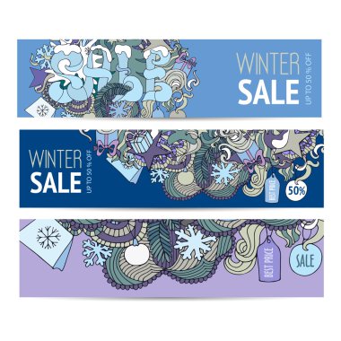 Mavi vektör Doodle afiş kış indirimi konusu üzerinde çizgi film