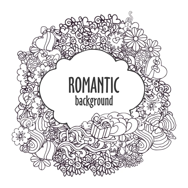 Colorido garabato composición romántica con pancarta y elementos ornamentados — Vector de stock