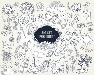 Set of Floral Spring elements in outline doodle style