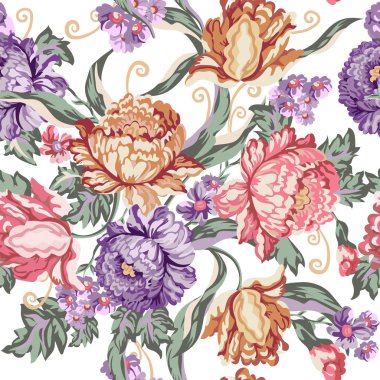 Seamless vintage flower and curls pattern on white background