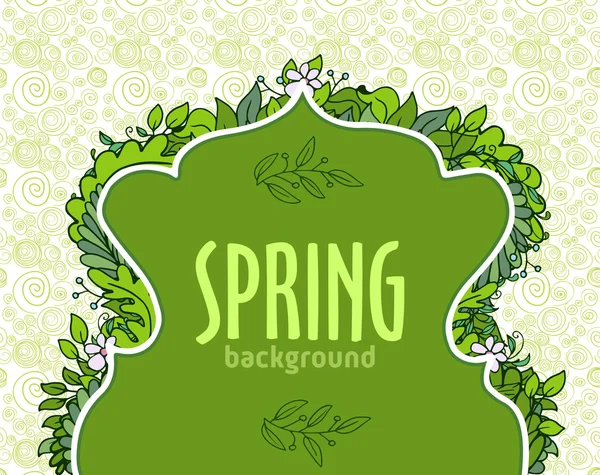 Green doodle banner with text and floral composition from below — Stock Vector