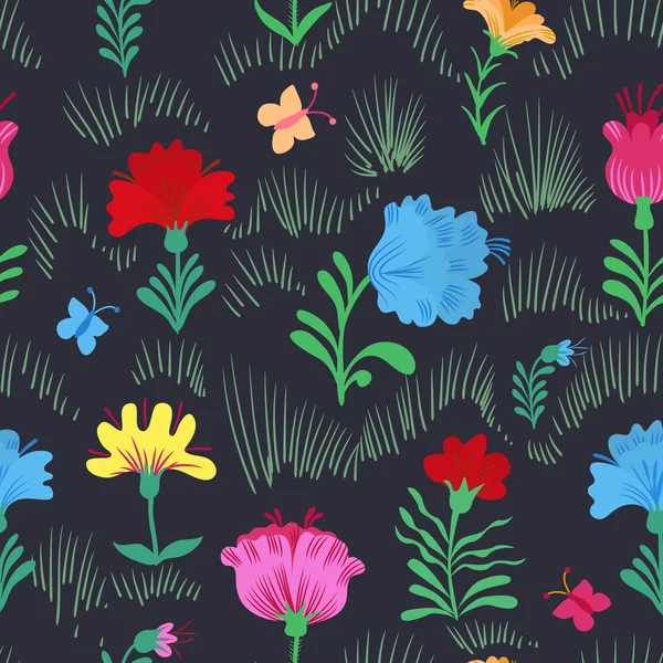 Seamless colorful  flower pattern on black background — Διανυσματικό Αρχείο