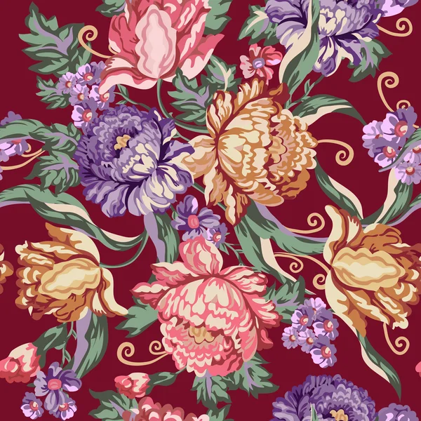 Seamless vintage colorful flower and curls pattern on purple background — Stockvector