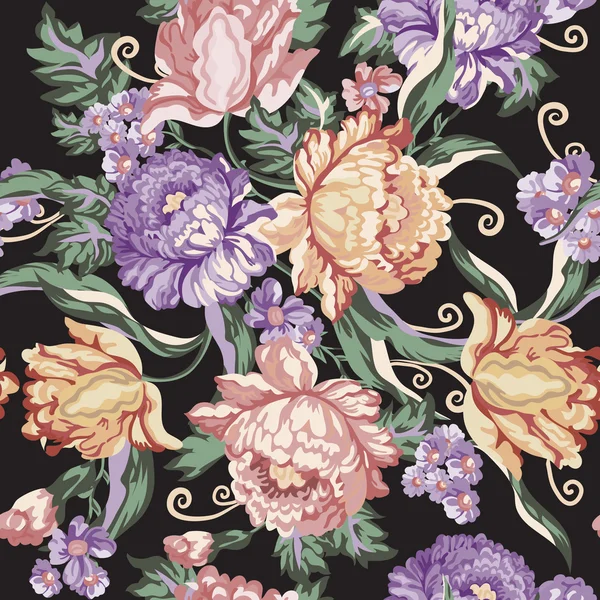 Seamless vintage flower and curls pattern on black background — Stockvector