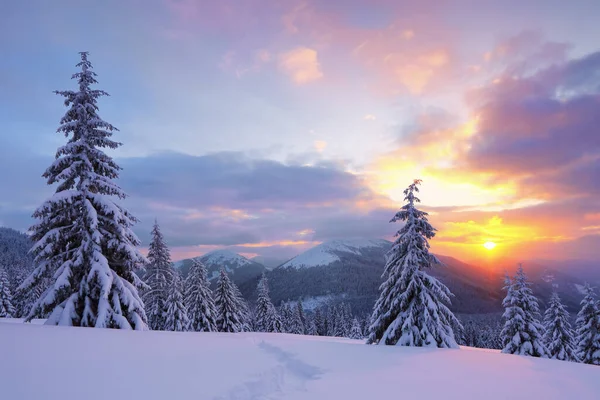 Fantastische Zonsopgang Verlicht Berg Koude Winterochtend Geweldige Lucht Met Wolken — Stockfoto