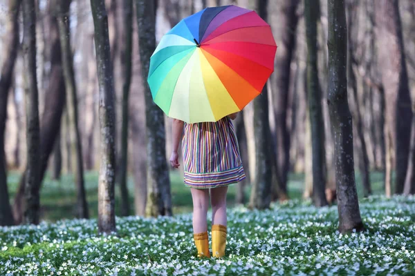 Girl in colorful dress and rubber boots stands at the tree holding the rainbow umbrella in hands. In forest meadow covered white flower in sunny spring day.