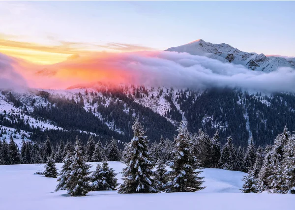 Invierno Increíble Amanecer Paisaje Altas Montañas Con Picos Blancos Como —  Fotos de Stock