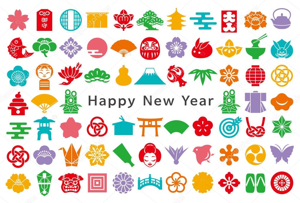 Japanese colorful icons. new year card.
