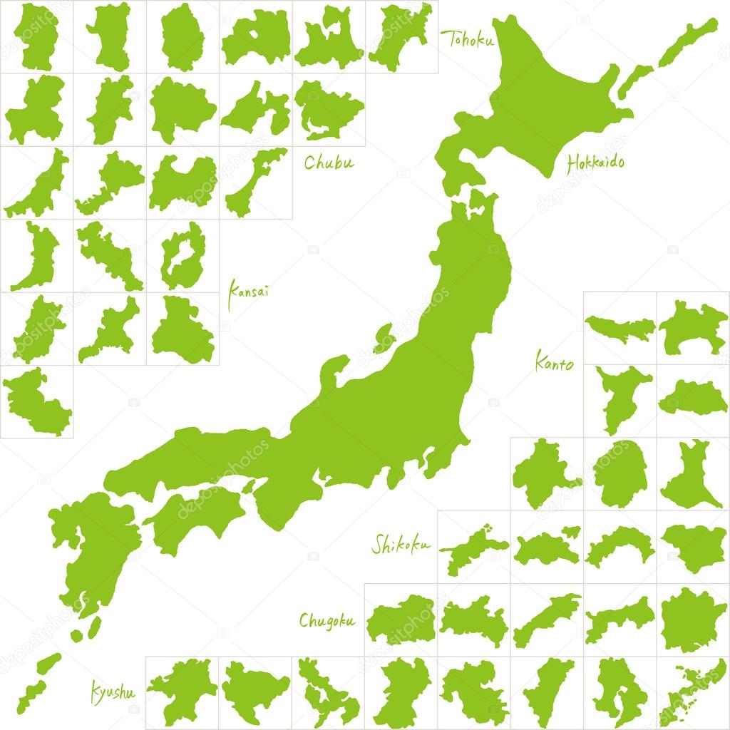 Japan map. Japanese prefectures. hand drawn illustration.