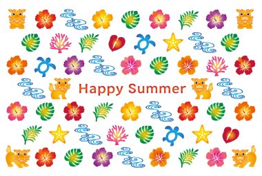 summer greeting card with Japanese Bingata icons. clipart