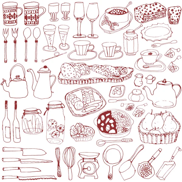 Restaurace menu a položky. ruky nakreslené ilustrace. — Stockový vektor