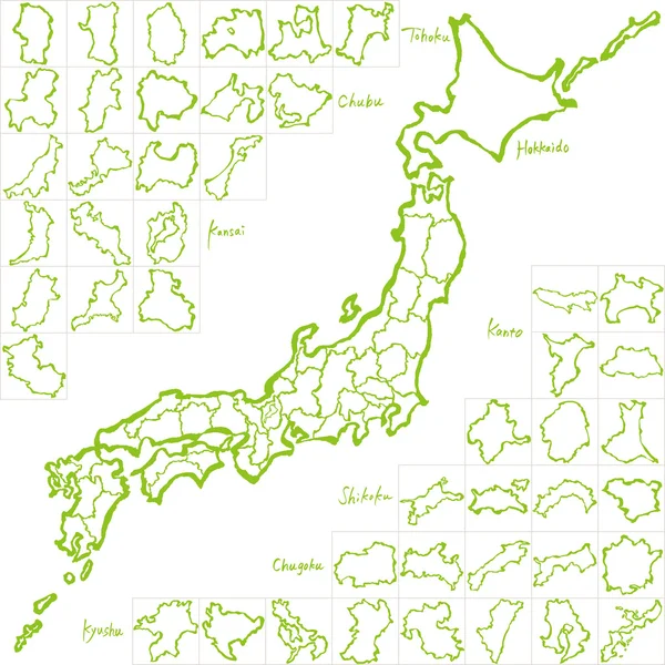 Japonsko mapa. Japonských prefektur. ruky nakreslené ilustrace. — Stockový vektor