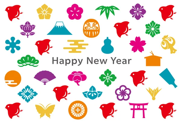 Tarjeta de año nuevo con las aves y los iconos japoneses . — Vector de stock