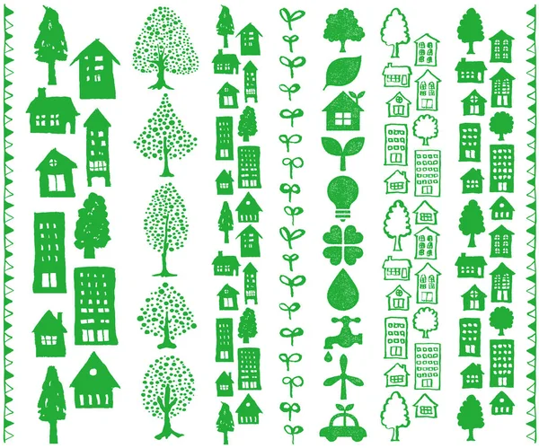 Eco Ciudad Eco Icono Conjunto Ilustraciones Ecológicas Líneas Verticales — Vector de stock