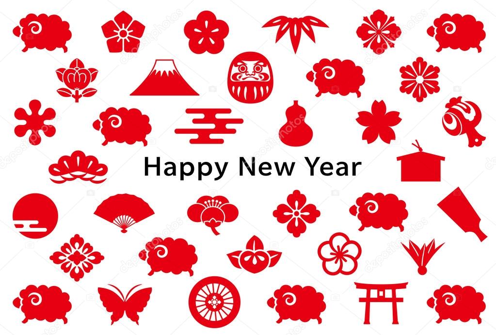 New year card with sheep and Japanese icons.