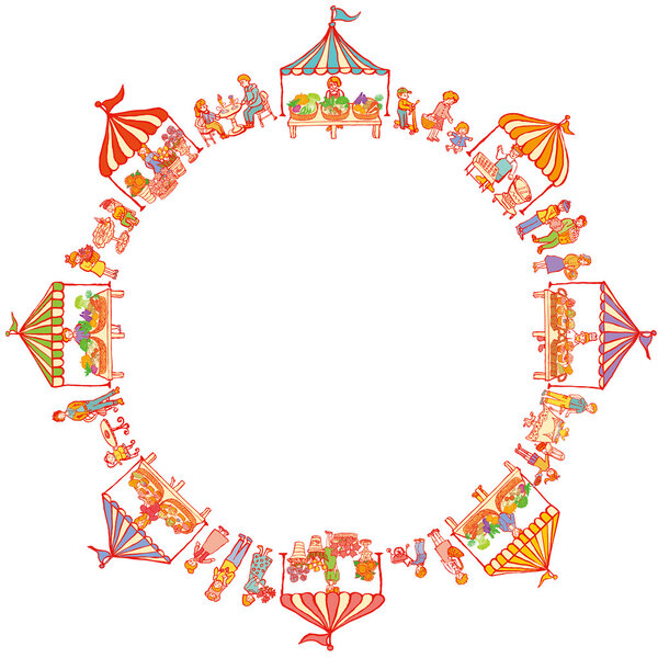 Круглая рамка рынка с палатками для мероприятий и людьми
.