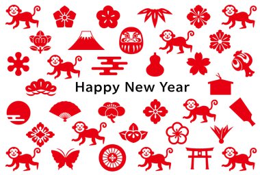 maymun ve Japon simgeleri ile yeni yıl kartı.