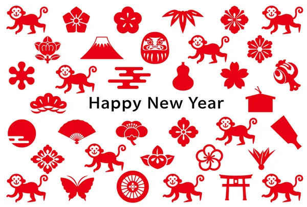 Nouvelle carte année avec singe et icônes japonaises . — Image vectorielle