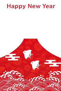 Yeni yıl kartı kuşlar, dağ ve dalga.