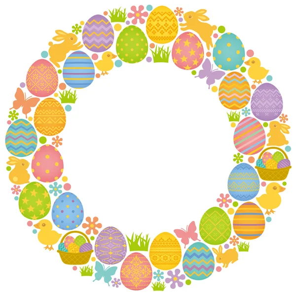 Marco circular con huevos de Pascua, conejos y polluelos . — Vector de stock