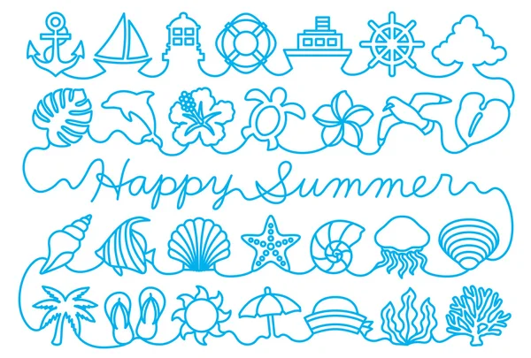 Ευχετήρια κάρτα με εικονίδια καλοκαίρι. μπλε νήμα. — Διανυσματικό Αρχείο