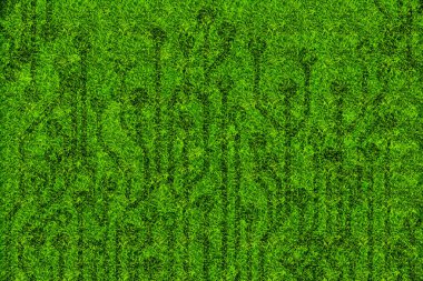 The life cycle pattern is hidden beneath the grass, lush and natural, blending with technology, symbolizing the balance between the digital world and the environment, which grow together sustainably.