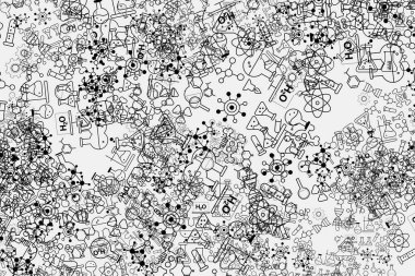 Kimya simgeleri, moleküller, DNA iplikleri ve laboratuvar araçlarının yoğun girdabı, bilimsel keşifleri ve yaratıcılığı yansıtan enerjik ve kaotik bir model yaratıyor..