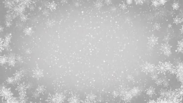 Elegante Zilveren Abstracte Deeltjes Met Sneeuwvlokken Kerst Geanimeerde Grijze Achtergrond — Stockvideo