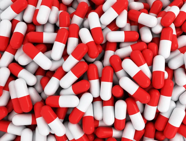 Красные Белые Таблетки Большой Кучи Медицинский Фон — стоковое фото
