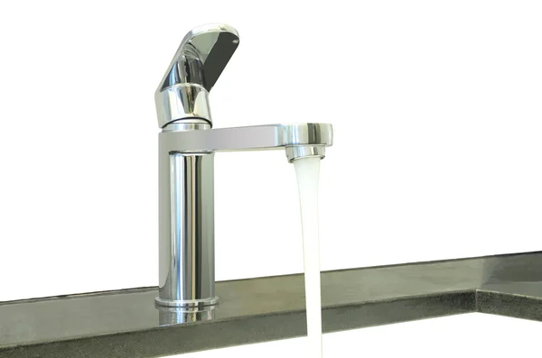 Contatore del granito del rubinetto del flusso d'acqua su sfondo bianco . — Foto Stock