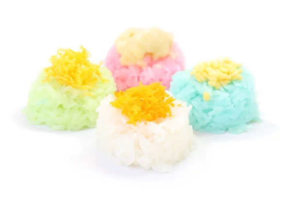 Múltiple color de arroz pegajoso con crema de huevo en el suelo blanco . —  Fotos de Stock